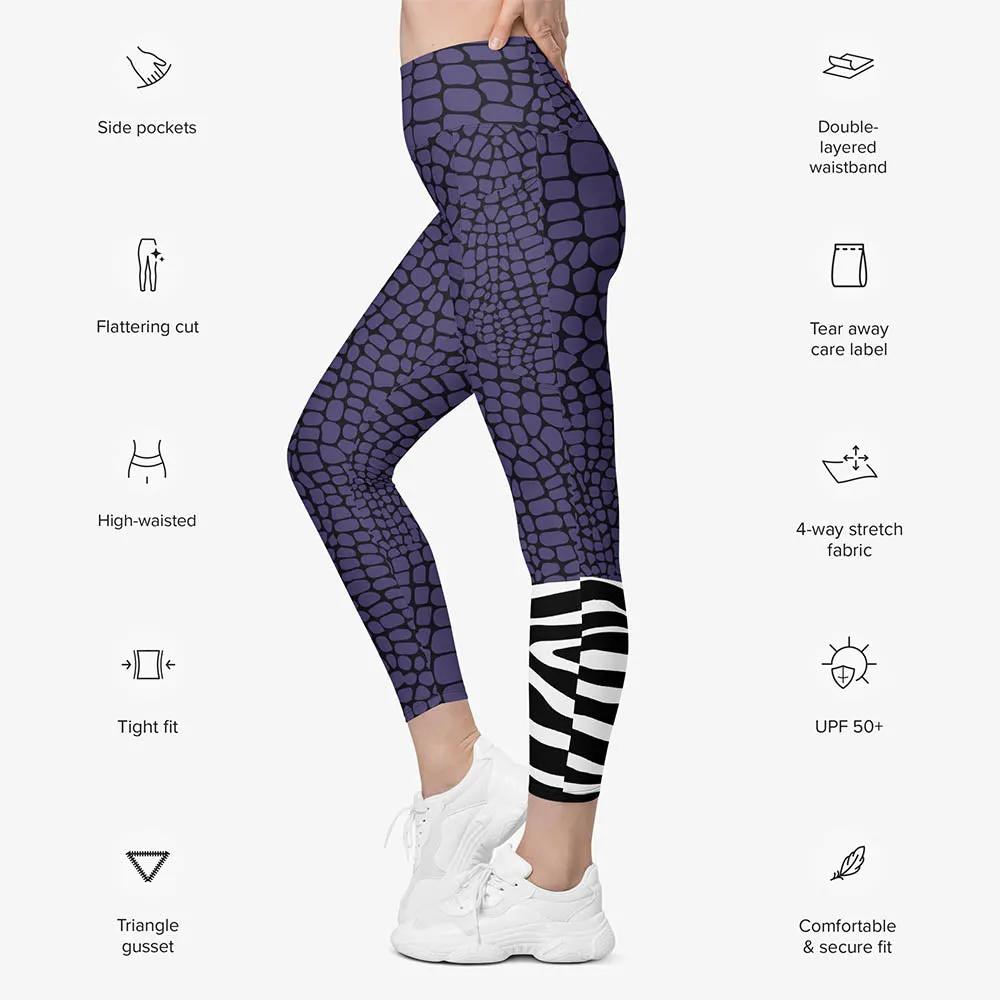 Recycled Animal Printed Leggings "CrocoZebra" Purple with Pockets