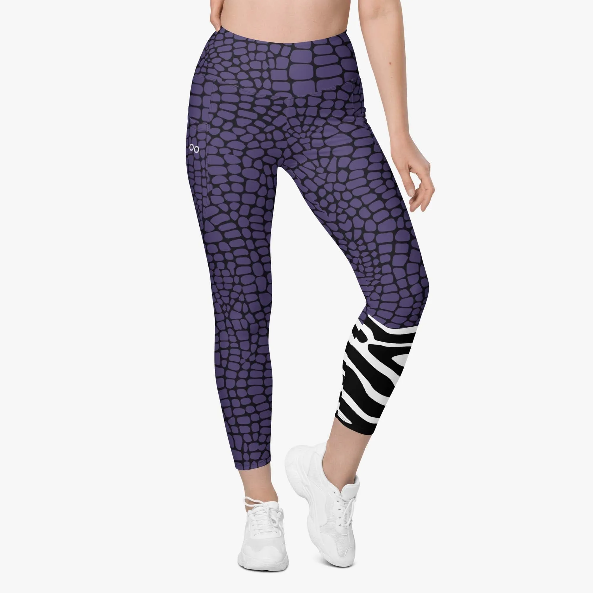 Recycled Animal Printed Leggings "CrocoZebra" Purple with Pockets