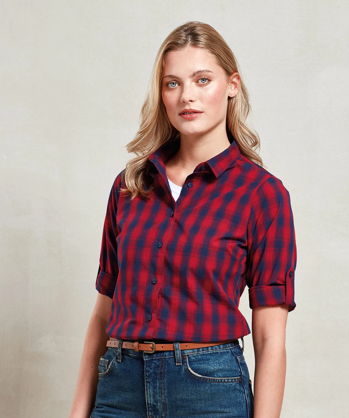 Red/Navy - Women's Mulligan check cotton long sleeve shirt