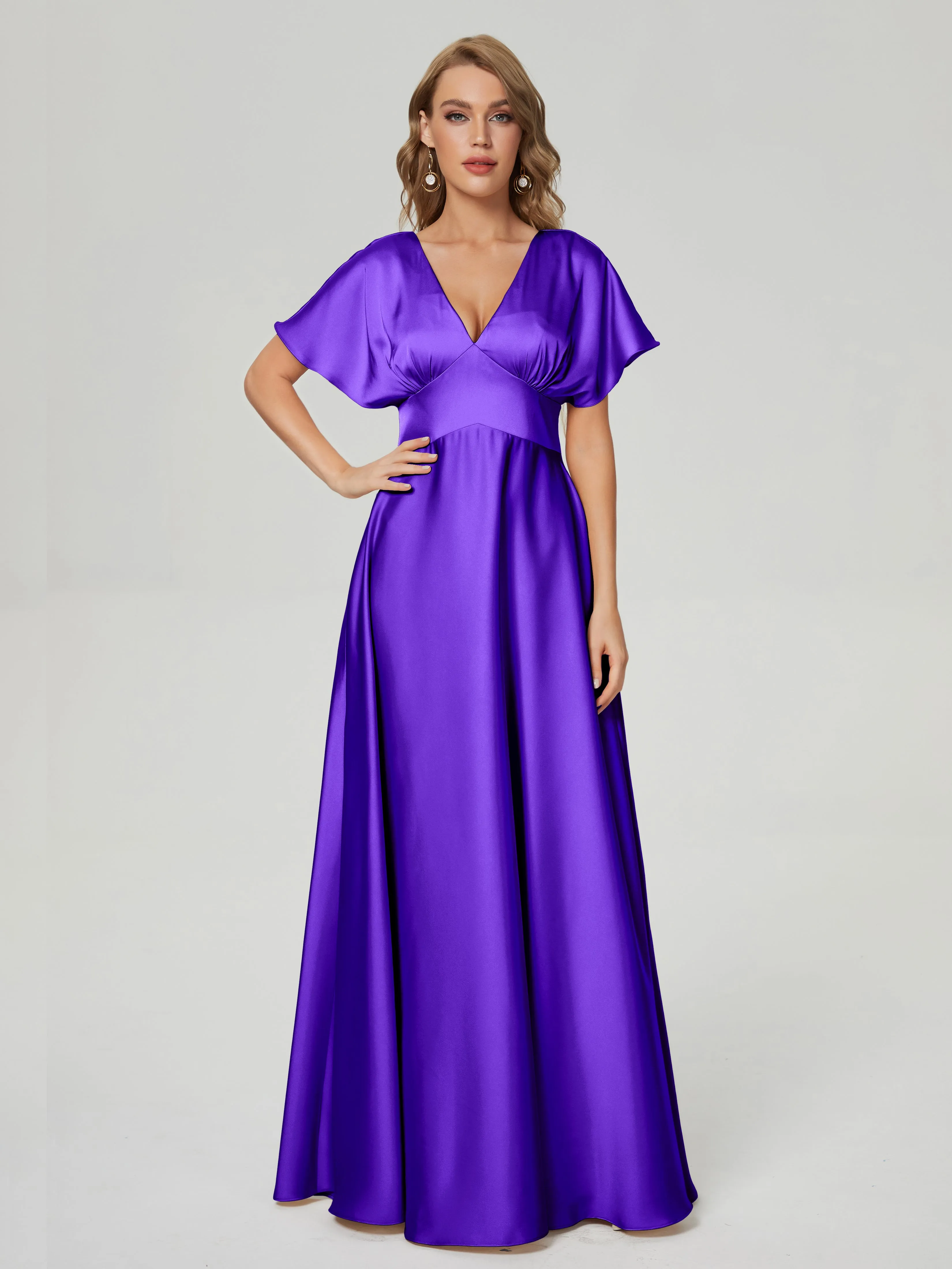 Regency Bridesmaid Dresses Ariah Modest V Neck Short Sleeves Soft Satin Dresses