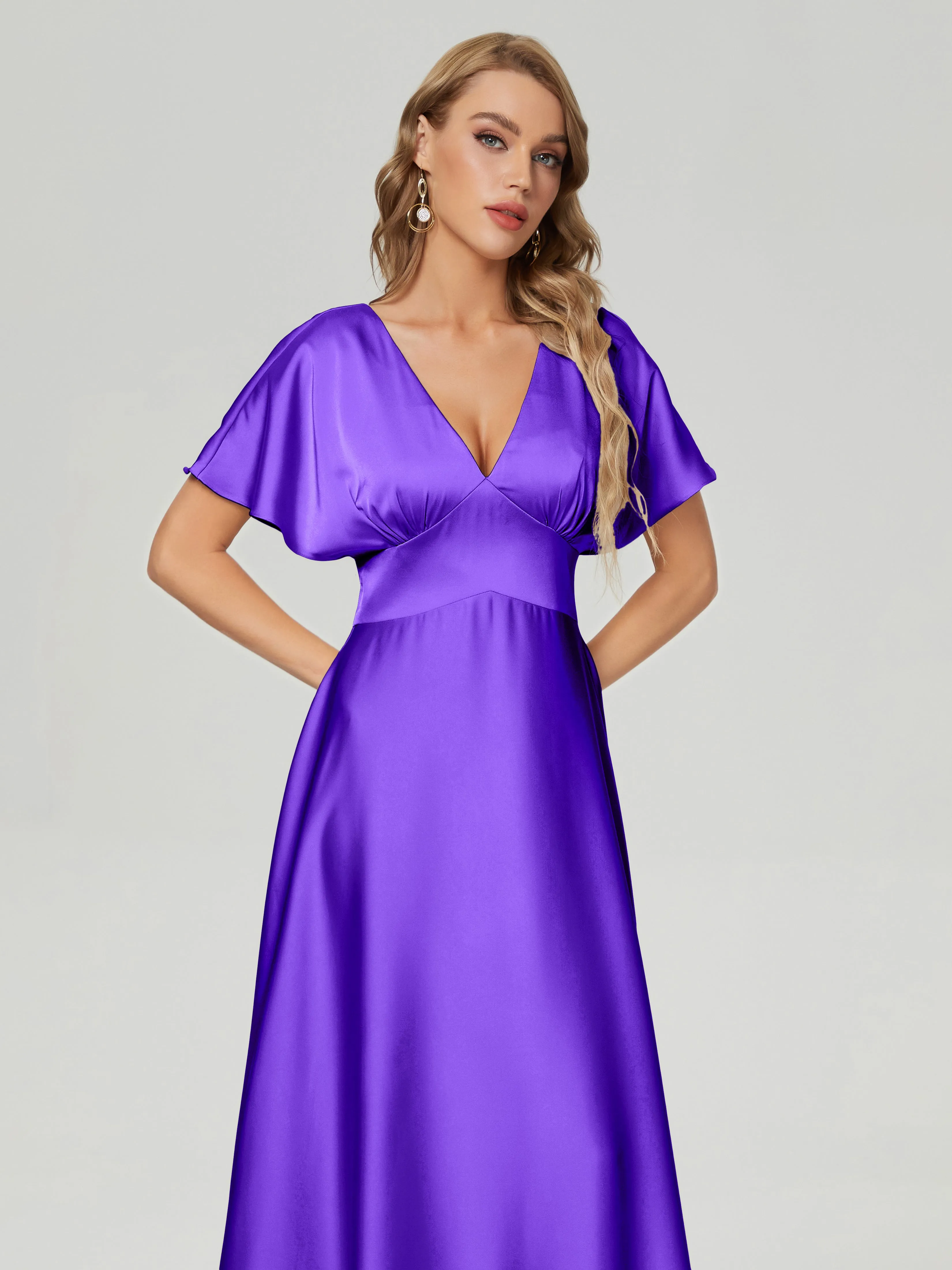 Regency Bridesmaid Dresses Ariah Modest V Neck Short Sleeves Soft Satin Dresses