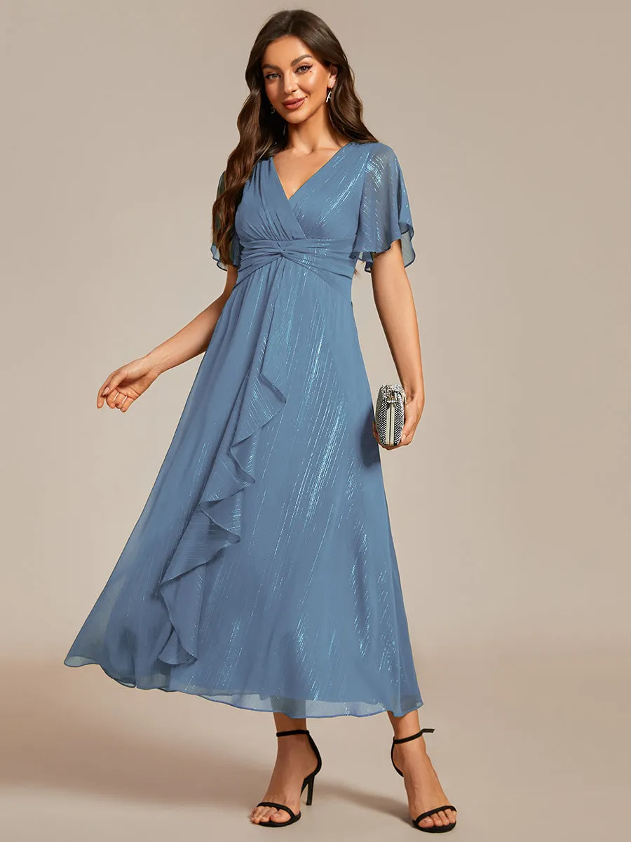 Shimmer V Neck Tea Length Wedding Guest Dress With Short Sleeves