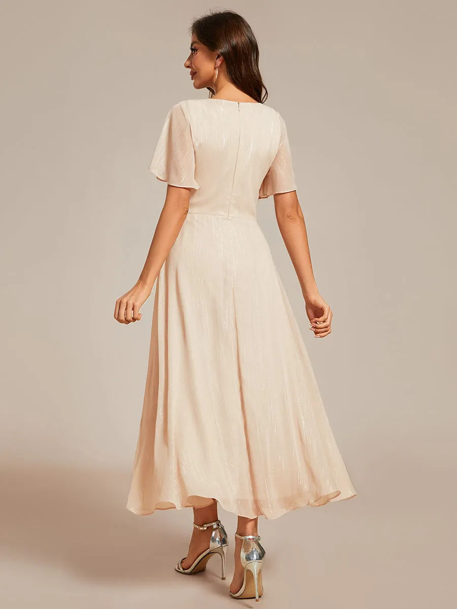 Shimmer V Neck Tea Length Wedding Guest Dress With Short Sleeves