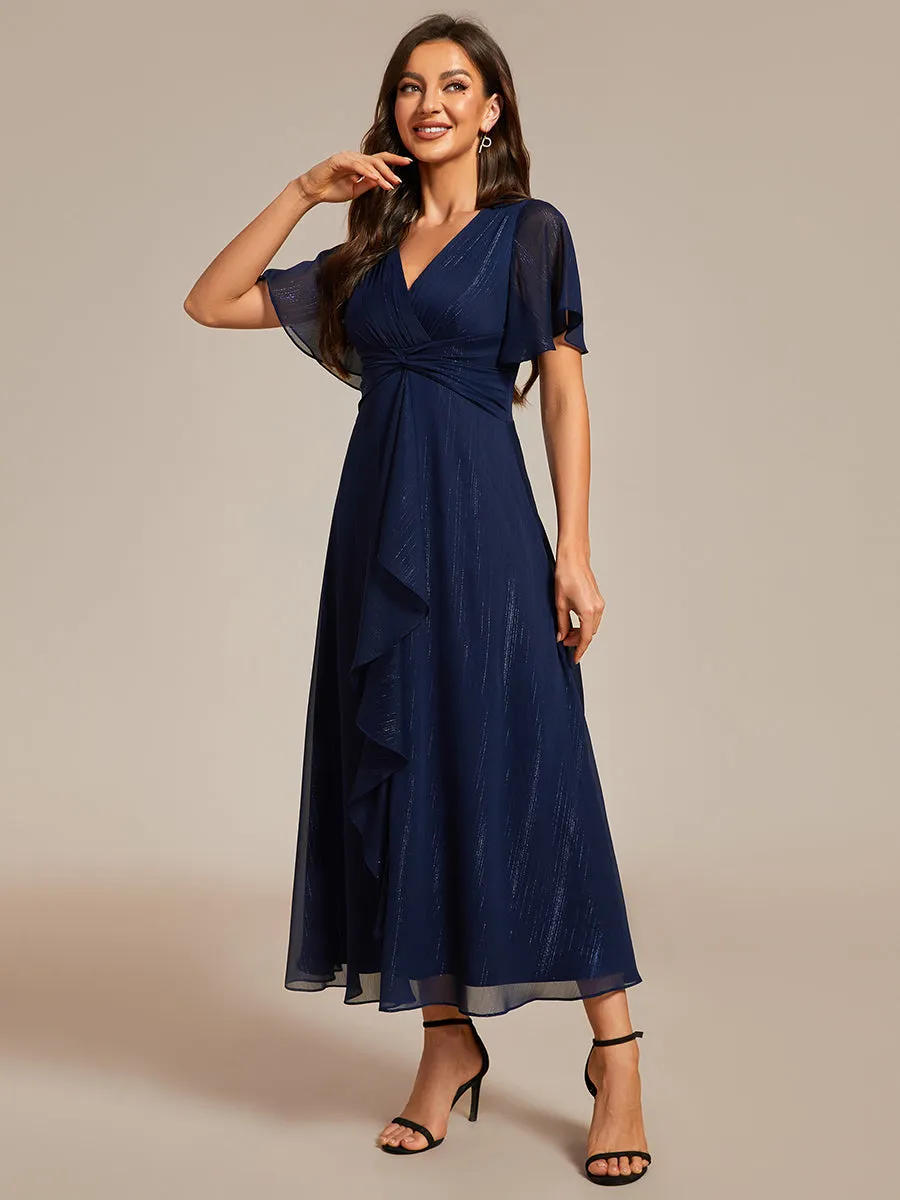 Shimmer V Neck Tea Length Wedding Guest Dress With Short Sleeves