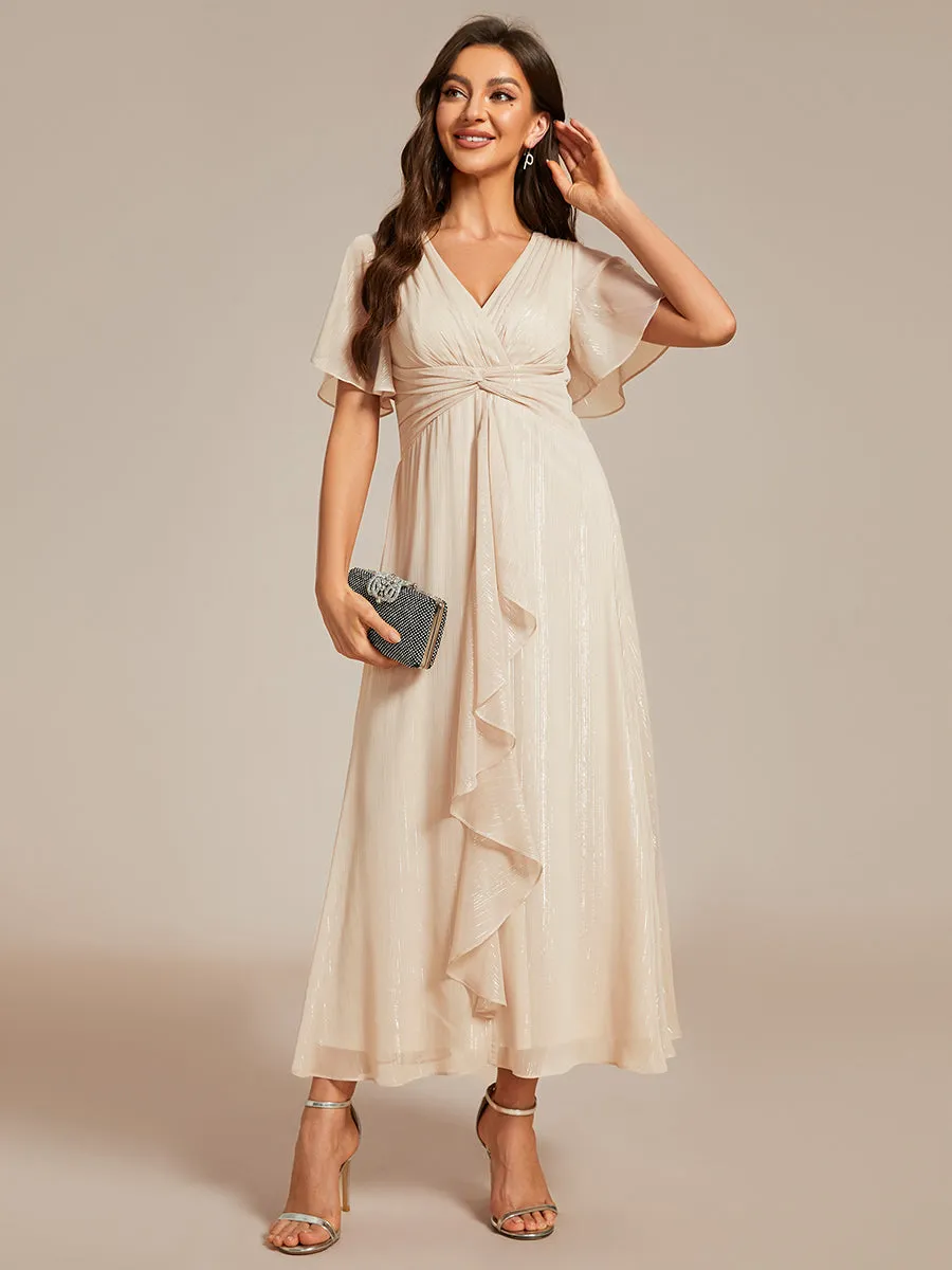 Shimmer V Neck Tea Length Wedding Guest Dress With Short Sleeves