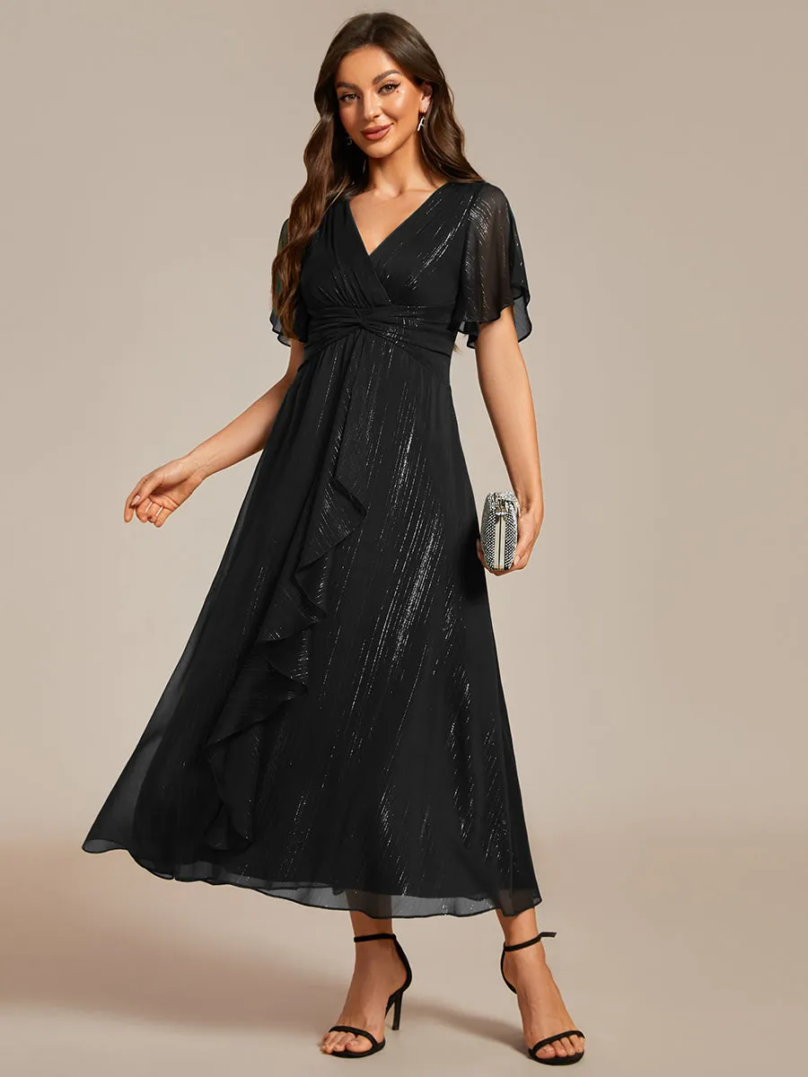 Shimmer V Neck Tea Length Wedding Guest Dress With Short Sleeves