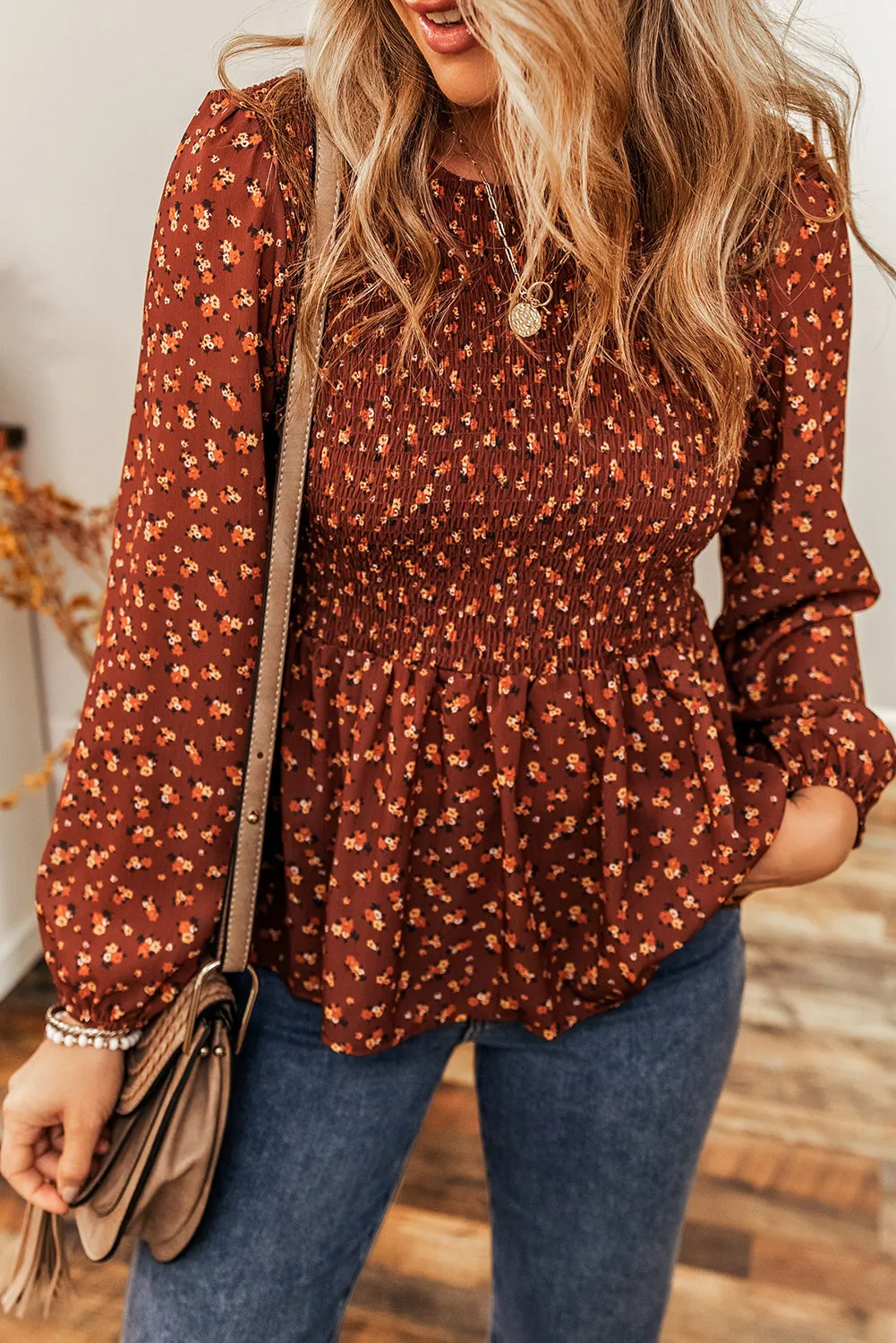 Smocked Bust Ruffled Peplum Blouse