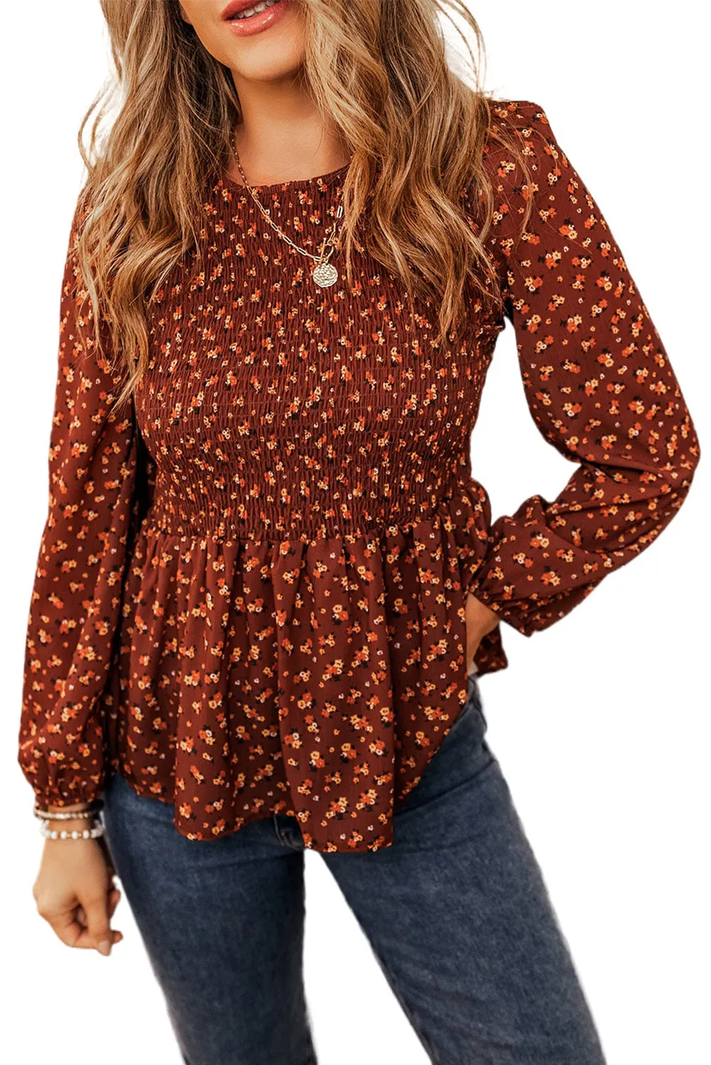 Smocked Bust Ruffled Peplum Blouse