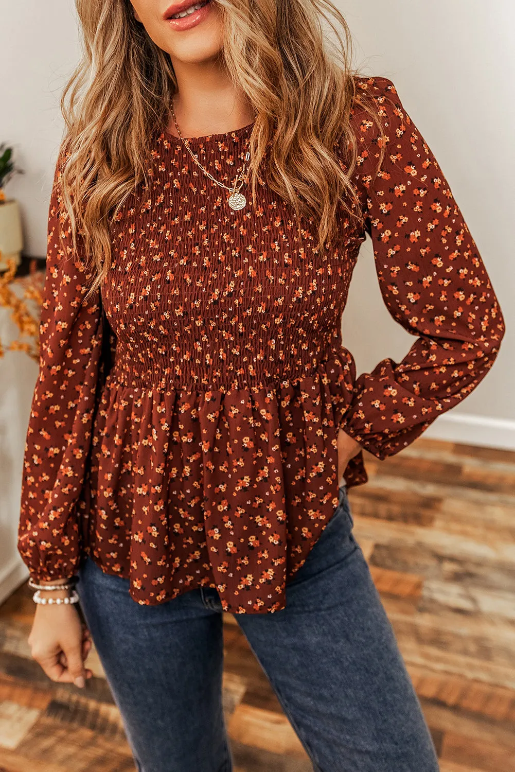 Smocked Bust Ruffled Peplum Blouse