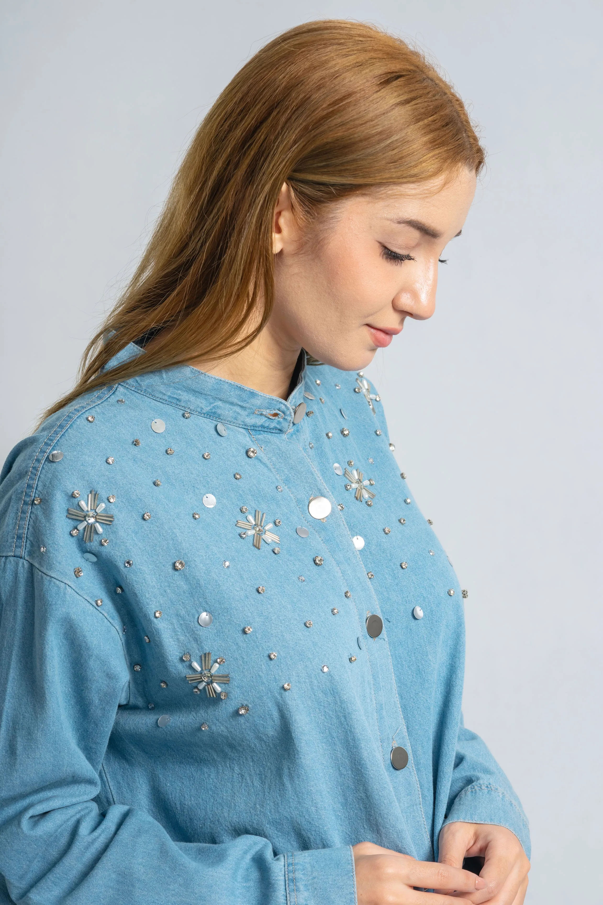 Starry Light Blue Denim Blouse