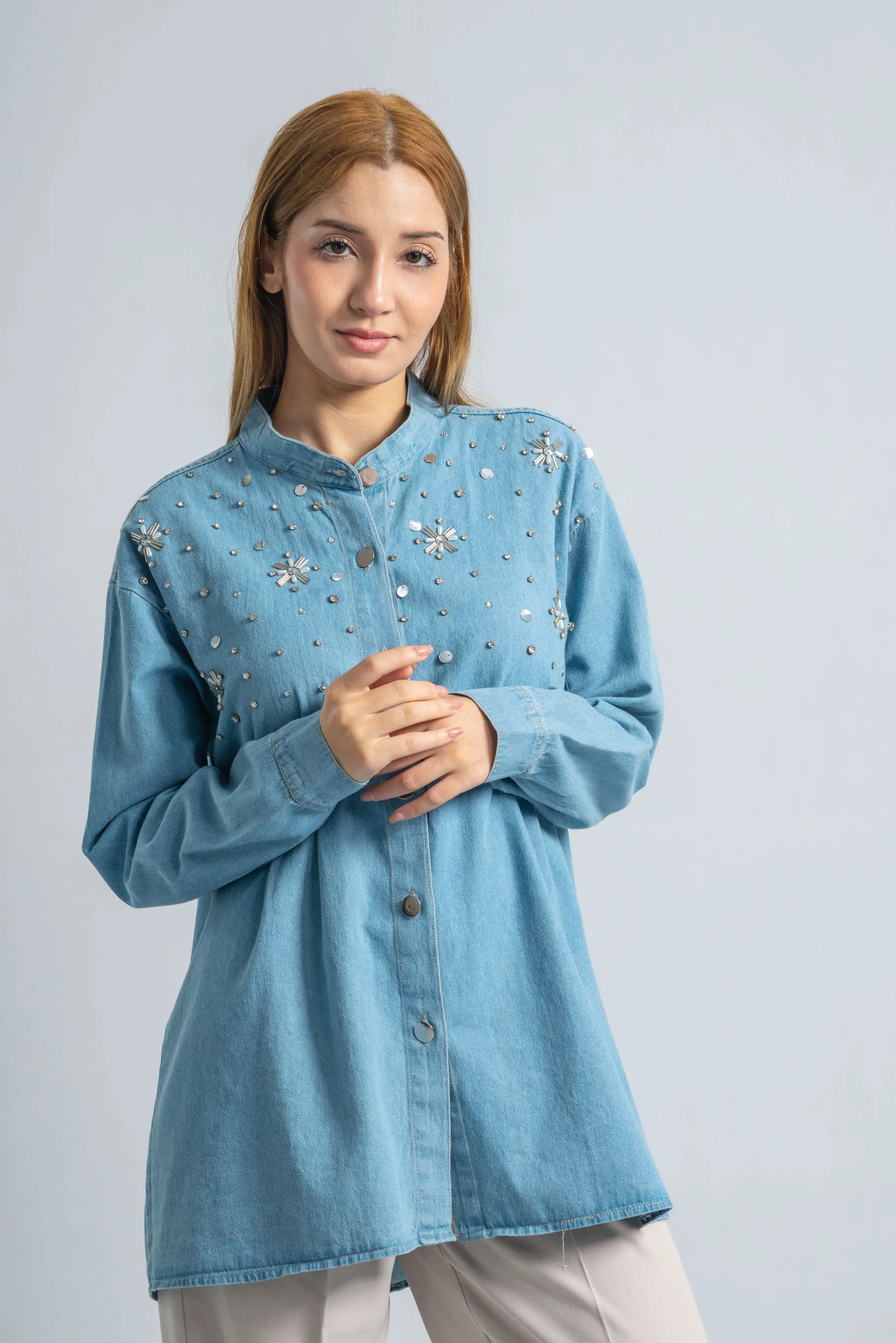 Starry Light Blue Denim Blouse