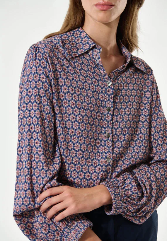 Stretch Viscose Crepe Blouse in Ducale Navy pattern