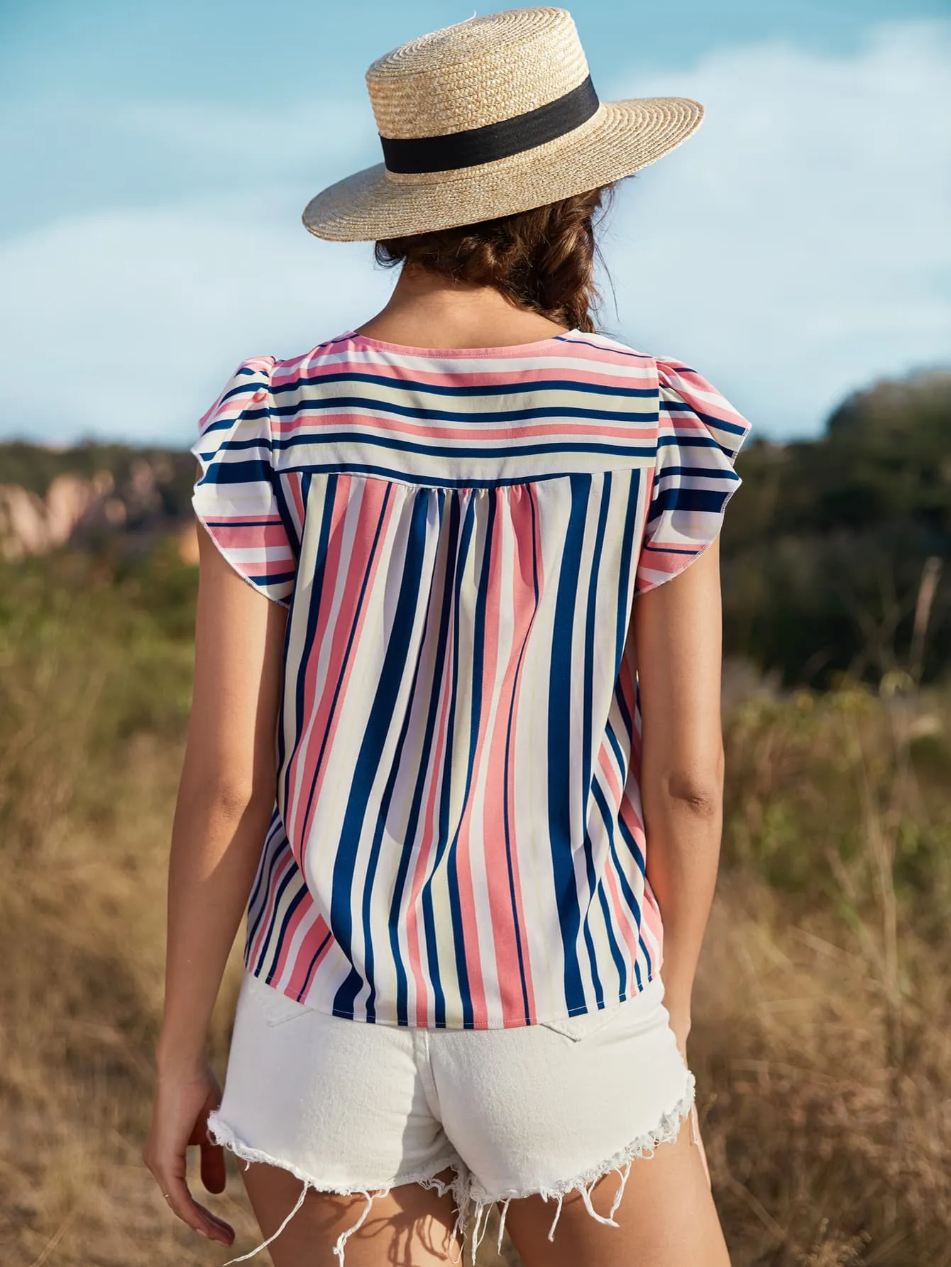 Striped Flutter Sleeve Tied Blouse