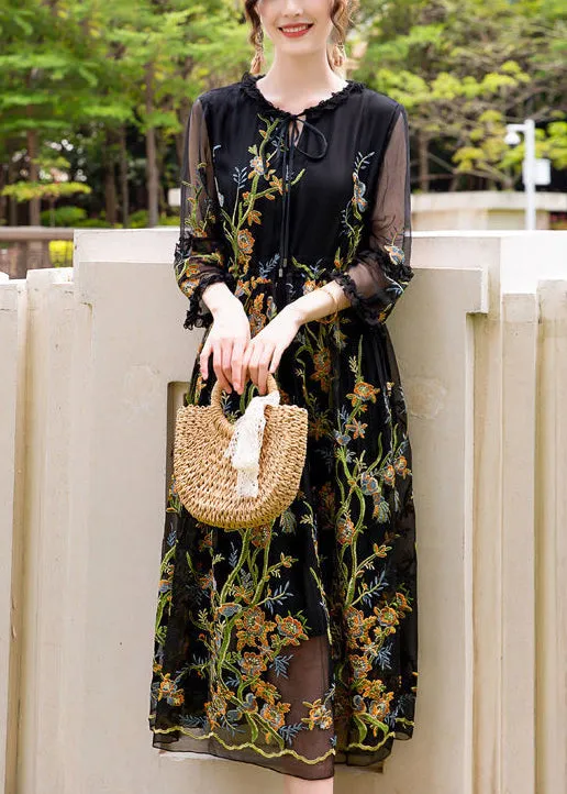 Stylish Black Embroideried Hollow Out Silk Maxi Dresses AC3044