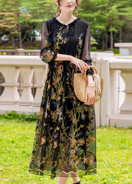 Stylish Black Embroideried Hollow Out Silk Maxi Dresses AC3044