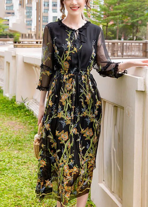 Stylish Black Embroideried Hollow Out Silk Maxi Dresses AC3044