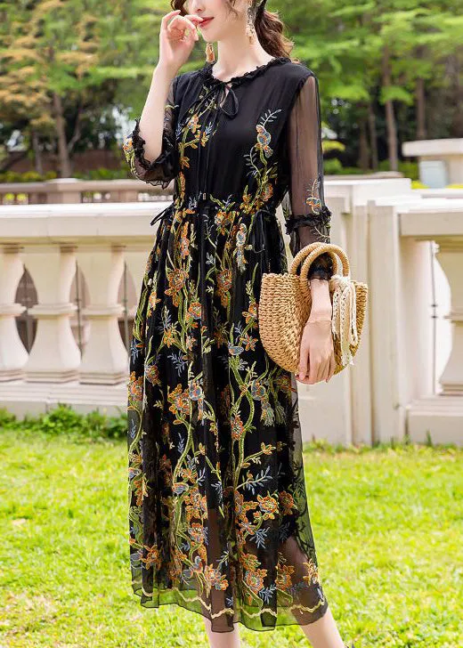 Stylish Black Embroideried Hollow Out Silk Maxi Dresses AC3044