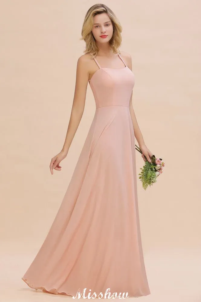 Stylish Chiffon Straps Sleeveless Floor-Length A-Line Ruffles Bridesmaid Dress