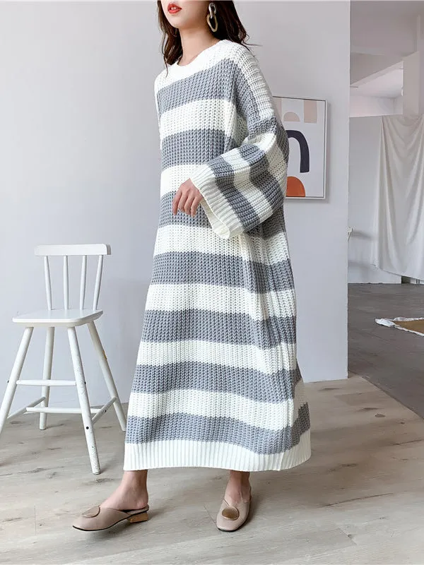 Stylish Loose Striped Round-Neck Sweater Dresses