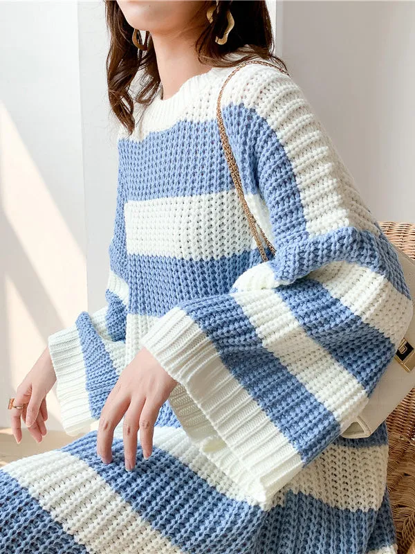 Stylish Loose Striped Round-Neck Sweater Dresses