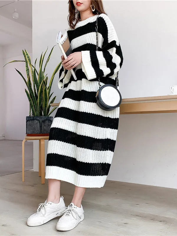 Stylish Loose Striped Round-Neck Sweater Dresses