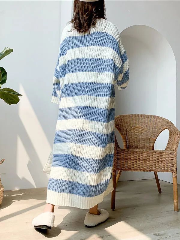 Stylish Loose Striped Round-Neck Sweater Dresses