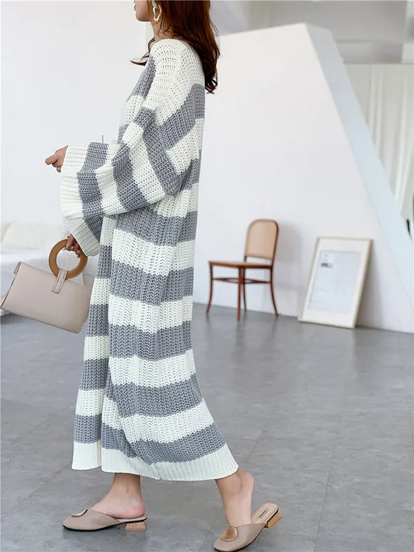 Stylish Loose Striped Round-Neck Sweater Dresses