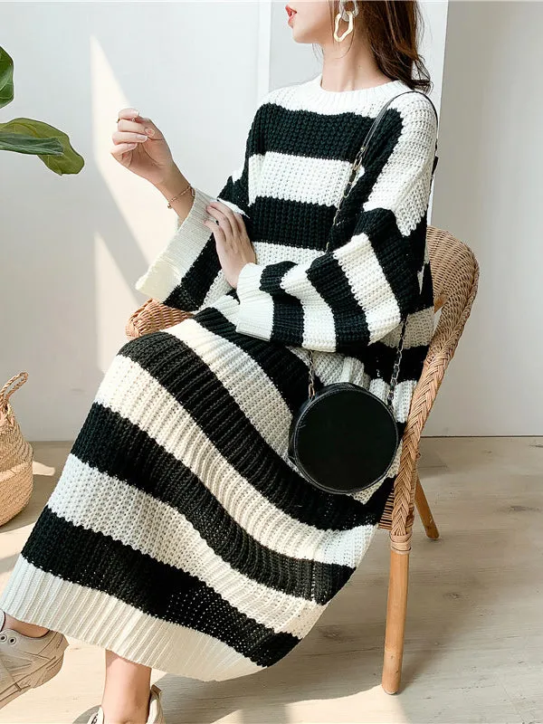 Stylish Loose Striped Round-Neck Sweater Dresses