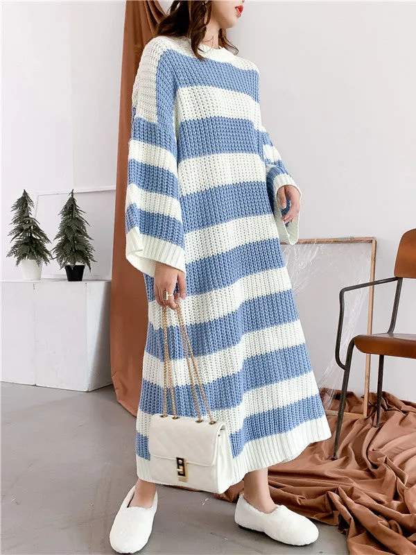 Stylish Loose Striped Round-Neck Sweater Dresses