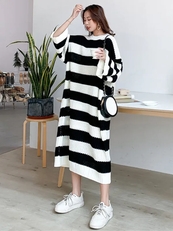 Stylish Loose Striped Round-Neck Sweater Dresses