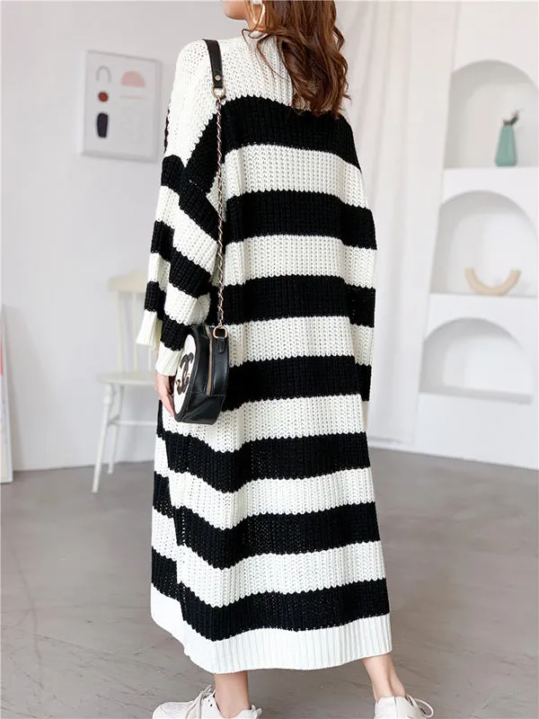 Stylish Loose Striped Round-Neck Sweater Dresses