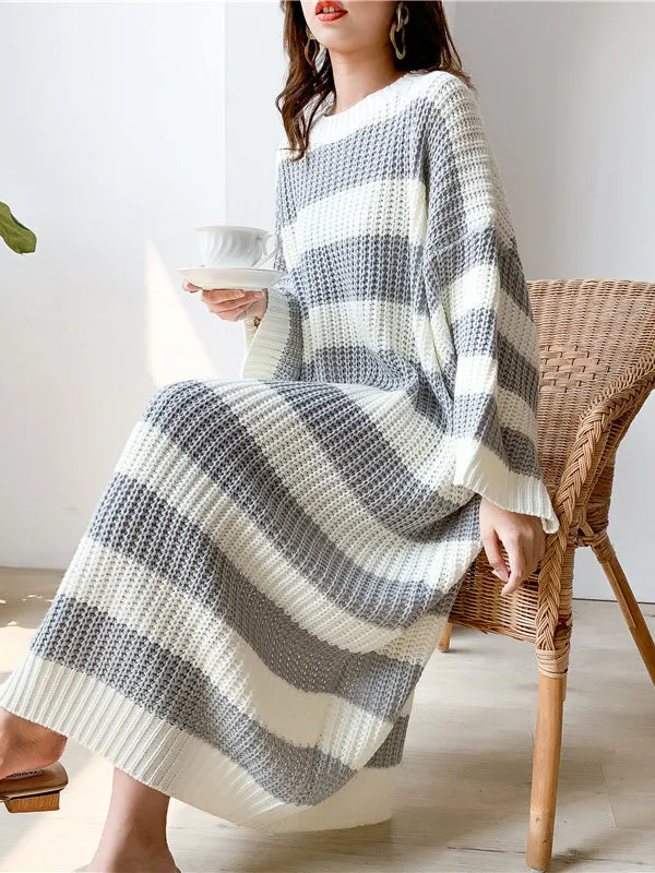 Stylish Loose Striped Round-Neck Sweater Dresses