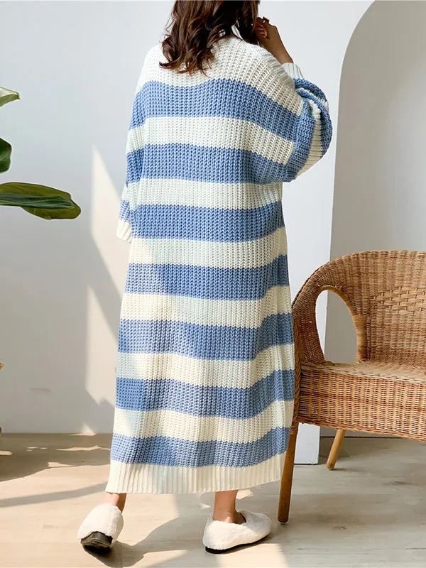 Stylish Loose Striped Round-Neck Sweater Dresses