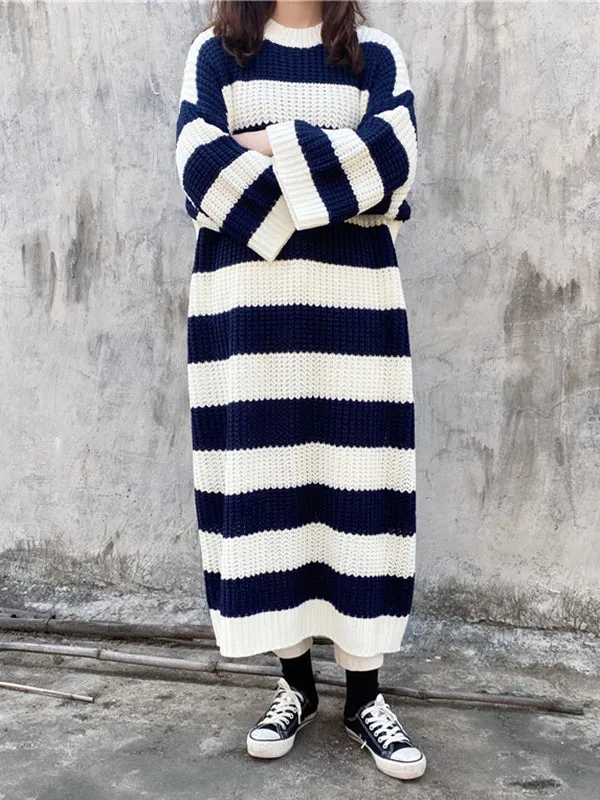 Stylish Loose Striped Round-Neck Sweater Dresses