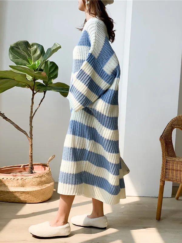 Stylish Loose Striped Round-Neck Sweater Dresses