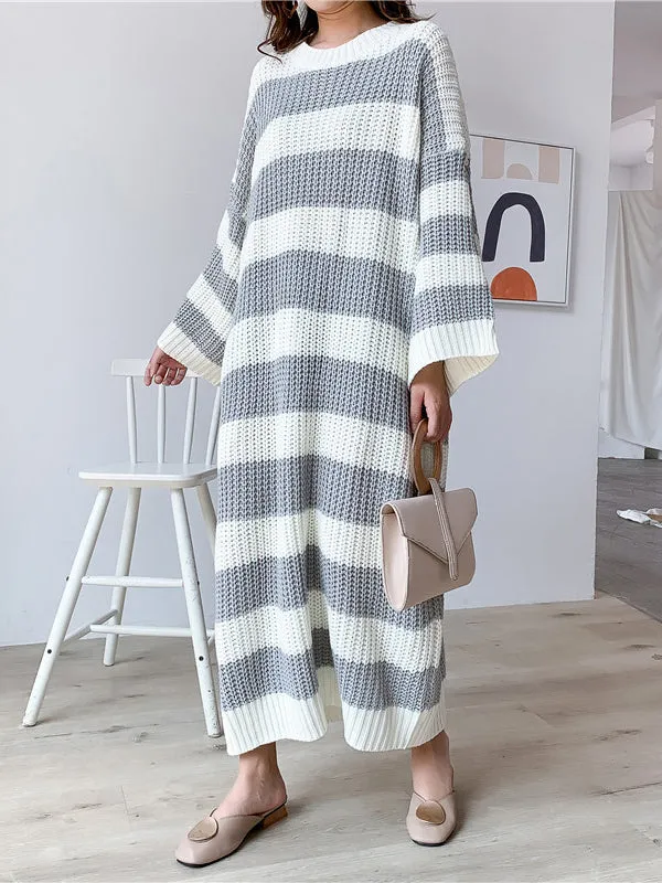 Stylish Loose Striped Round-Neck Sweater Dresses