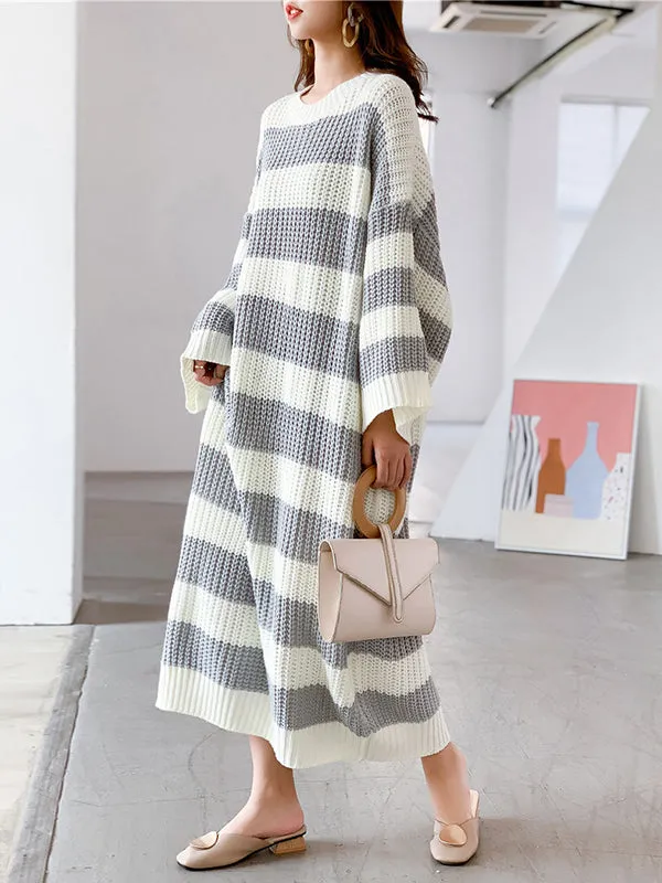 Stylish Loose Striped Round-Neck Sweater Dresses