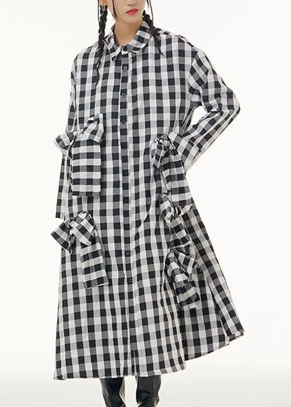 Stylish Plaid Peter Pan Collar Bow Patchwork Cotton Shirts Dresses Spring LY1160