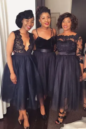 Stylish Short Black Mismatched Lace Bridesmaid Dresses