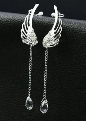 Stylish Silver Color Angel Wings Crystal Metal Tassel Drop Earrings