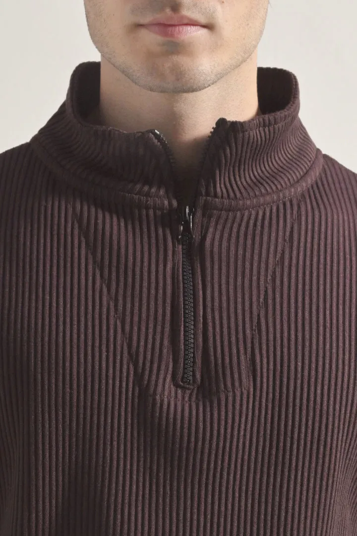 Textured Half Zipper Sweatshirt - Dark Brown