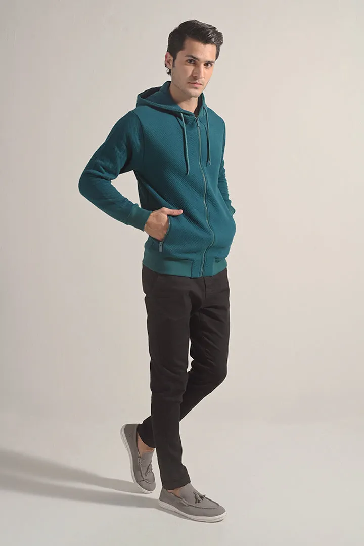 Textured Zipper Hoodie - Teal Green