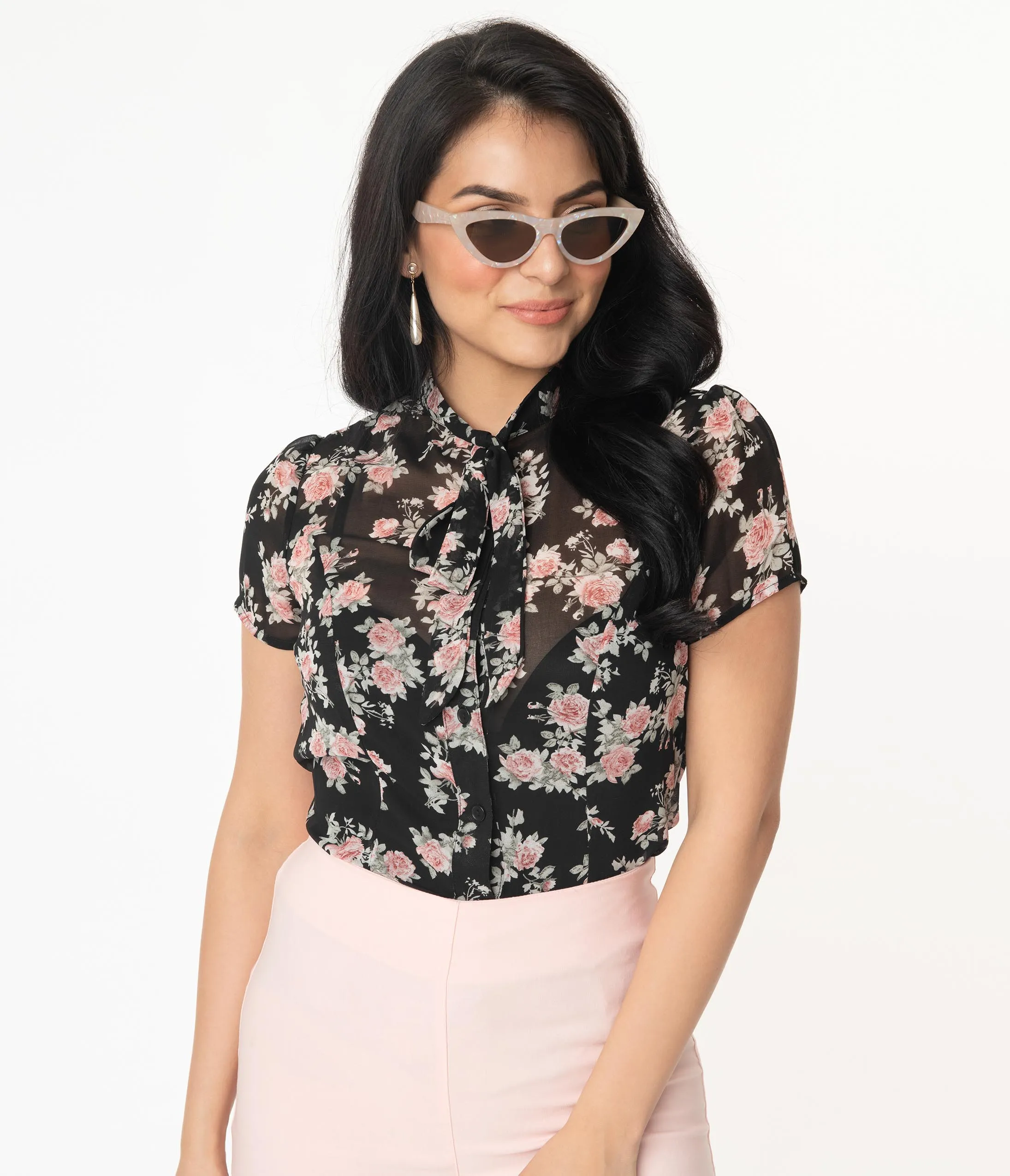 Unique Vintage 1940s Black & Pink Floral Elsie Blouse