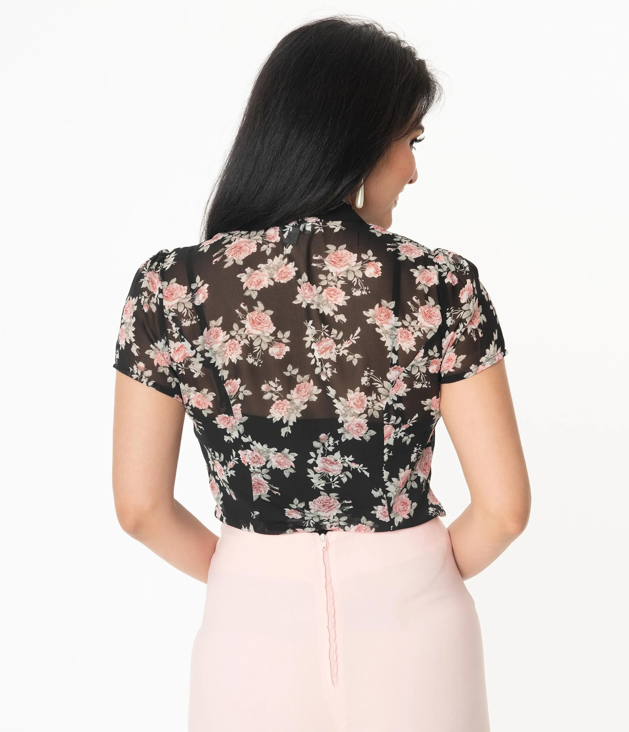 Unique Vintage 1940s Black & Pink Floral Elsie Blouse