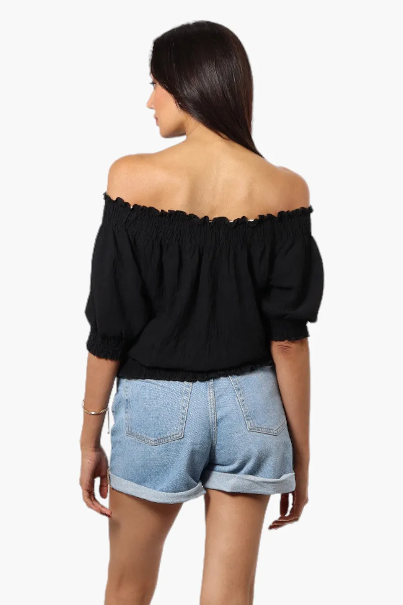 Urbanology Off Shoulder Tie Front Smock Blouse - Black