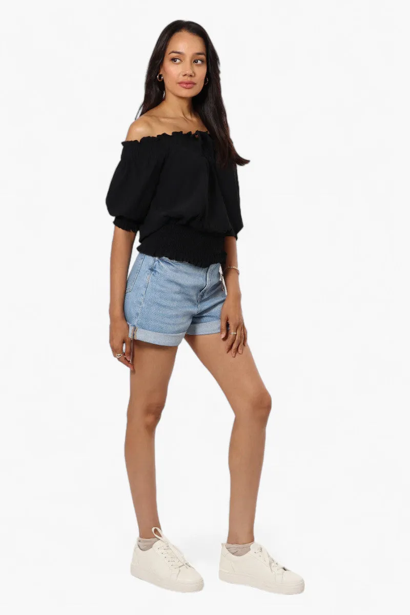 Urbanology Off Shoulder Tie Front Smock Blouse - Black