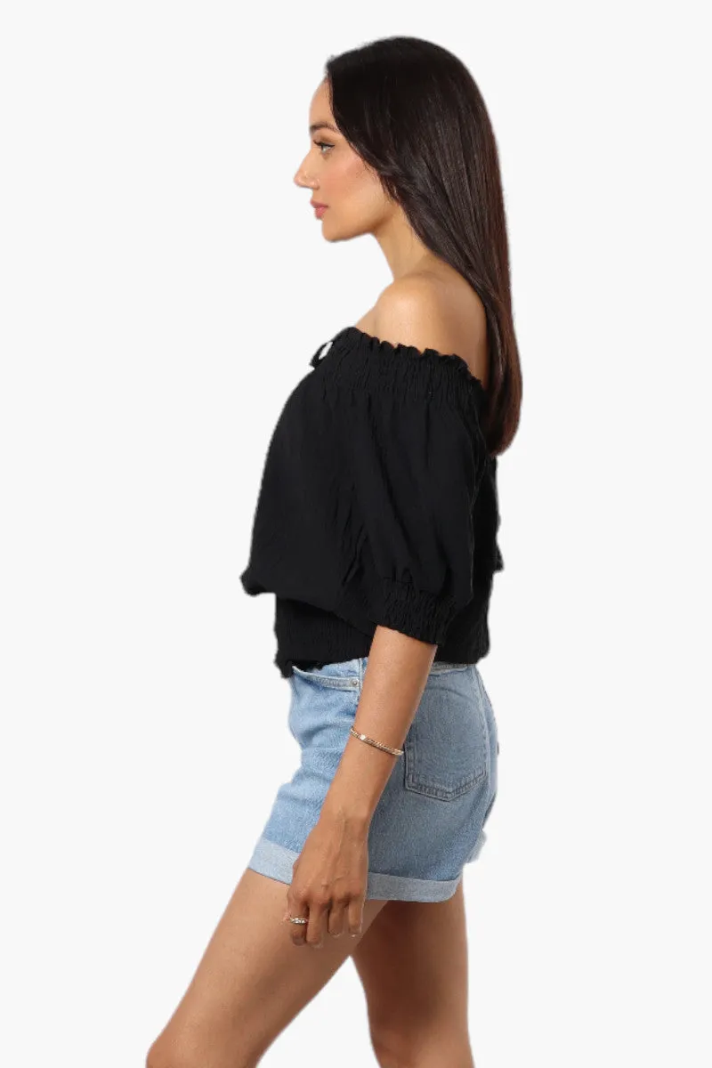 Urbanology Off Shoulder Tie Front Smock Blouse - Black