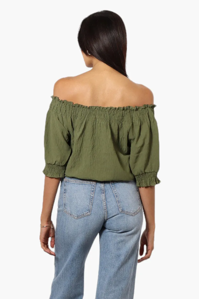 Urbanology Off Shoulder Tie Front Smock Blouse - Olive