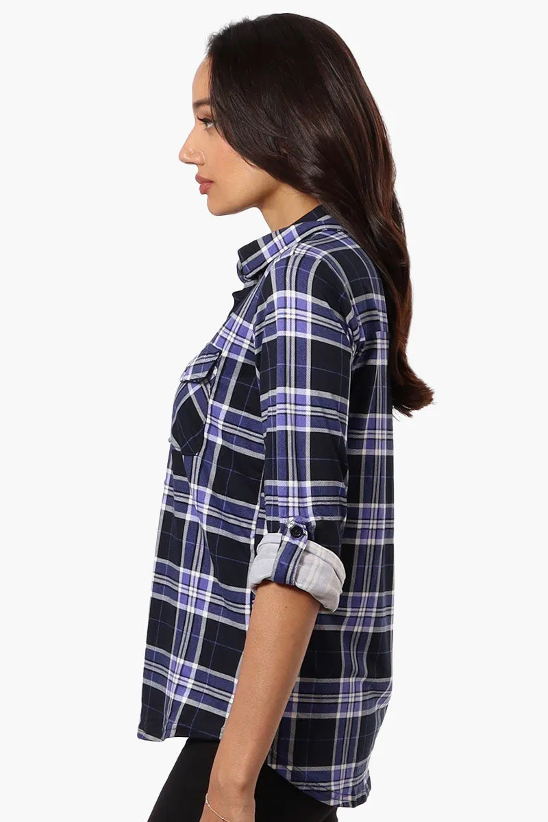 Urbanology Plaid Roll Up Sleeve Button Up Shirt - Navy