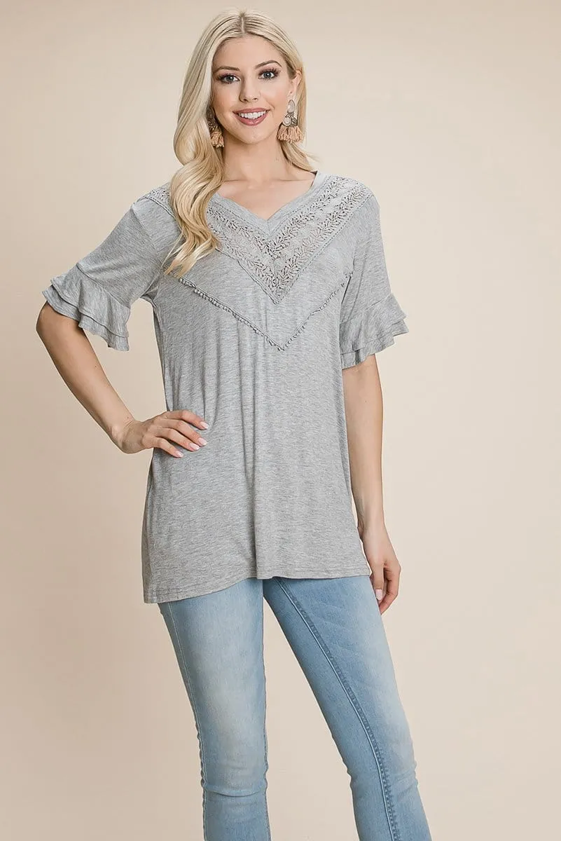 V Neck Lace trim Front Ruffle Sleeve Shirt tops